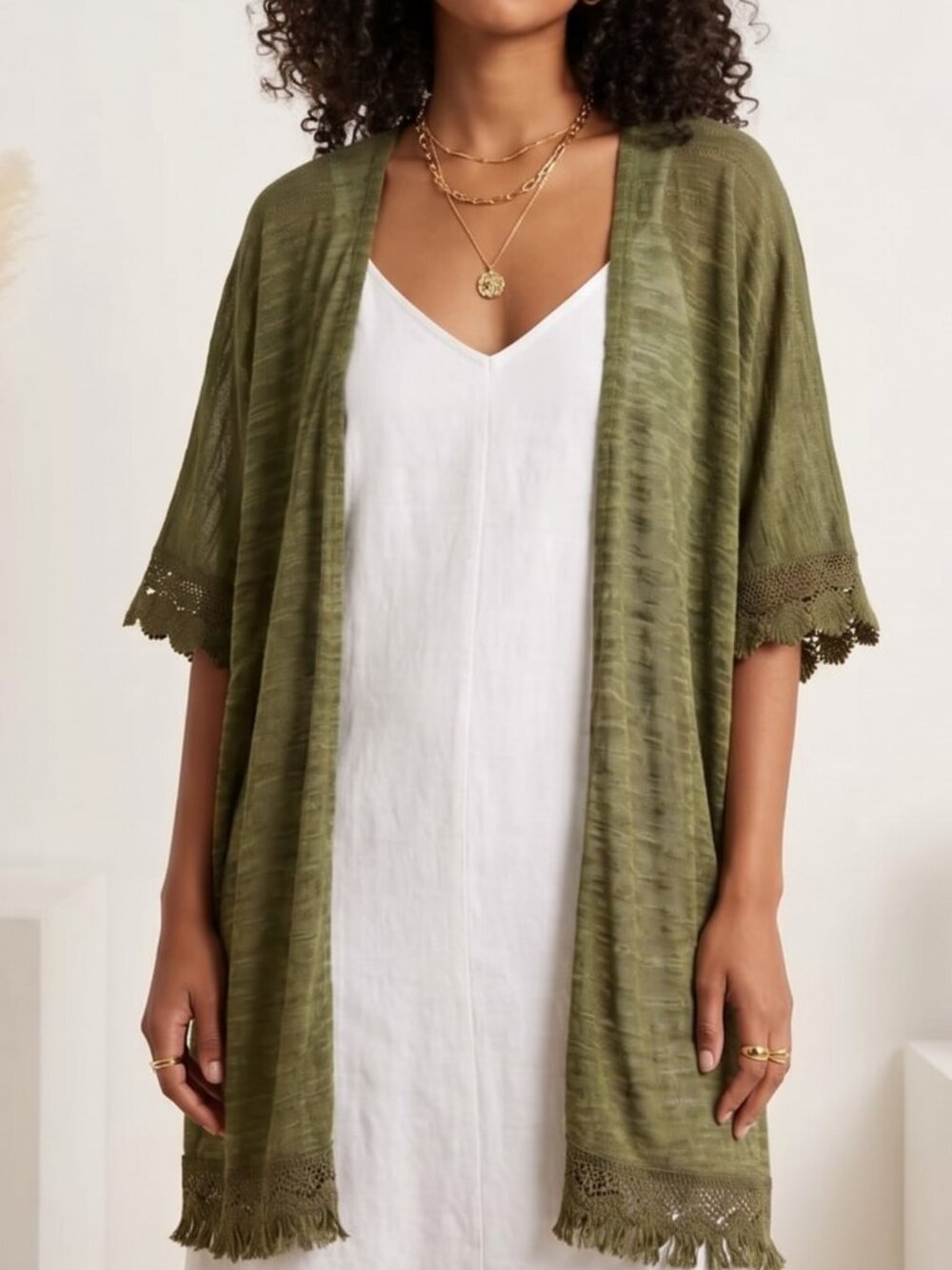 NWT Love on a Hanger Olive Green Sheer Knit Lace Fringe Kimono Cardigan Small